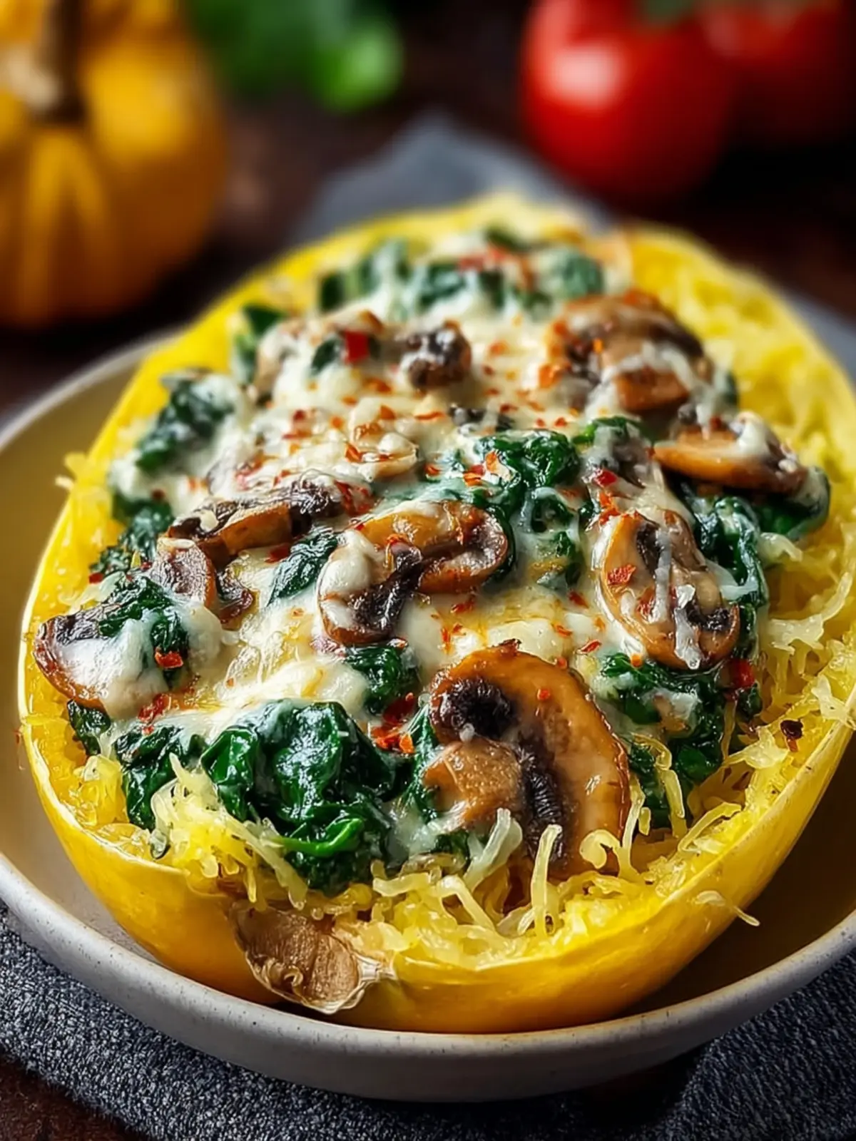 Spaghetti Squash with Mushroom and Spinach Cream Sauce Bliss