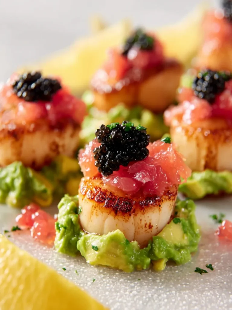 Seared Scallops with Avocado, Smoked Salmon and Caviar First Image